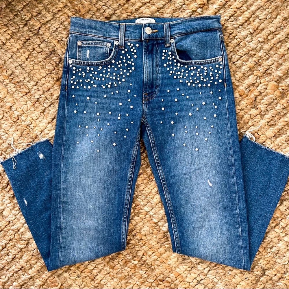 Zara Pearl Embellished Straight Leg Jeans